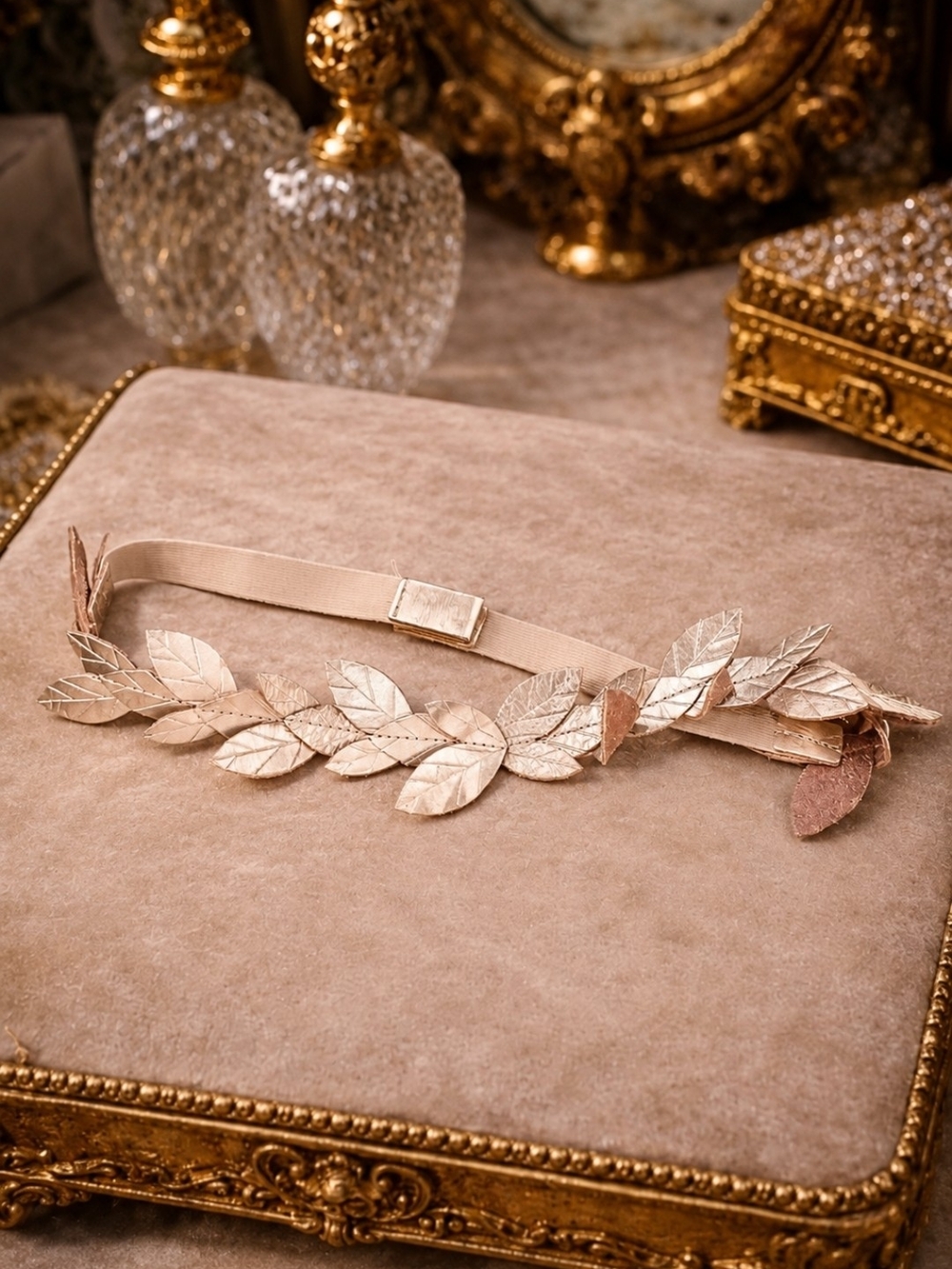 Vintage 80s Studio 54 Pale Blush Gold Leather Leaf Stretch Belt Disco Glam 31–34
